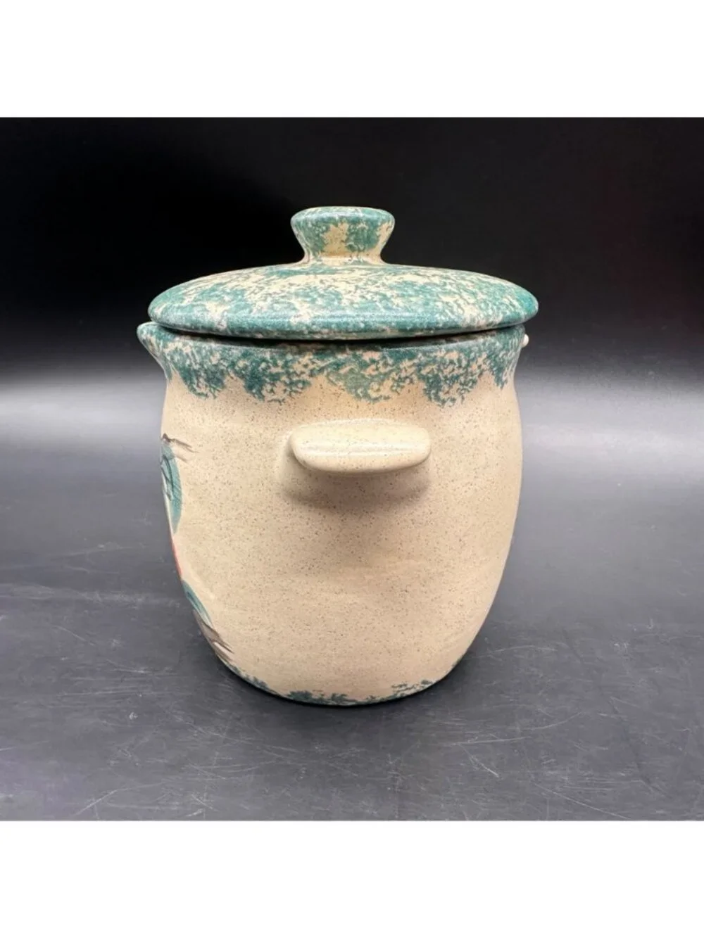 Vintage Grease Jar Container 1990s Peach Handmade Spongeware Pottery Farmhouse